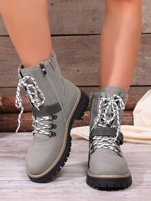 Brand Women's Ankle Combat Boots, Easy Wear, Buckle Accent Strap, Daily Wear - Grey - View 3