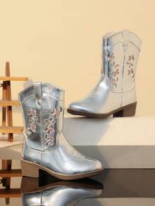 Girls Princess Boots Autumn/Winter New Style Warm Tall Boots Children Embroidered Western Boots - Silver - View 2