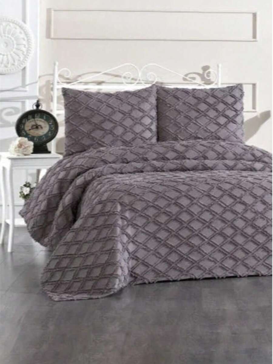 Made In Turkey Bedspread Set With Pillowcases Soft Touch Bed Cover - Dark Grey - View 1