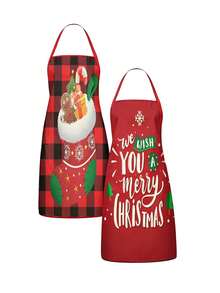 2pcs Vintage Christmas Santa Claus & Snowman Print Apron Set, Buffalo Plaid Kitchen Cooking Baking Aprons, Suitable For Holiday Party Home Decor - Multicolor - View 4