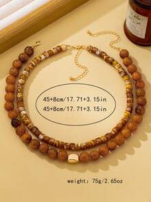 OABE 2pcs/Set Bohemian Style Brown Tone Spherical Beads & Asymmetrical Shaped Beads Necklace Set, Layered Vintage Autumn Outfit Accessory Suitable For Women's Daily Wear - Brown - View 4