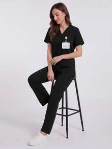Solid Color V-Neck Short Sleeve Top And Elastic Waist Multi-Pocket Scrub Pants Scrub Uniform Set - Black - View 3