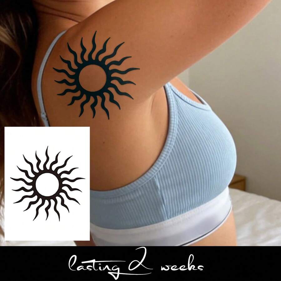 Herbal Juice Semi-Permanent Tattoo Sticker, Minimalist Sun Pattern, 14 Days Fade-Resistant, Music Festival Party Gift, Arm Shoulder Neck Collarbone Leg Body Temporary Tattoo Sticker, 1pc/Pack - Blue - View 1
