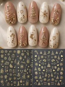 3 Sheets Luxury Golden Christmas Nail Stickers - Rhinestone Tree, Snowflake & Candy Cane Decals, DIY Elegant Manicure Art For Women's Holiday Party - Gold - View 1