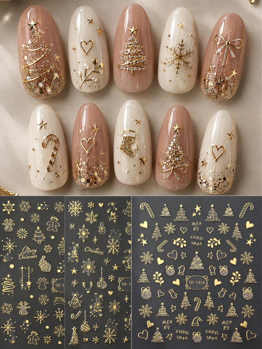 3 Sheets Luxury Golden Christmas Nail Stickers - Rhinestone Tree, Snowflake & Candy Cane Decals, DIY Elegant Manicure Art For Women's Holiday Party - Gold - View 1