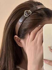 1pc Brown Leather Headband With Heart-Shaped Buckle, Fashionable Versatile Hair Accessory, Headband Hair Ornament, Suitable For Daily Wear, Gift - Brown - View 1