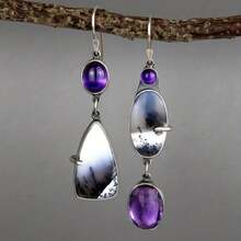 Vintage Asymmetrical Patchwork Long Earrings, Deep Purple Artistic Women's Ear Jewelry - Silver - View 2