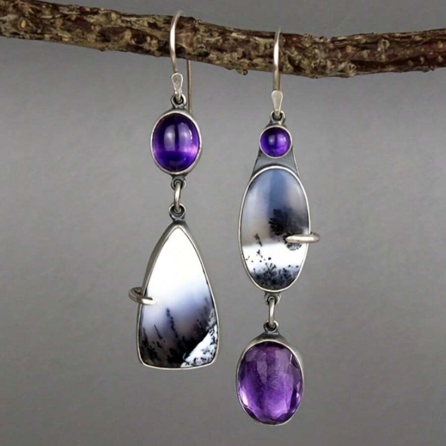 Vintage Asymmetrical Patchwork Long Earrings, Deep Purple Artistic Women's Ear Jewelry