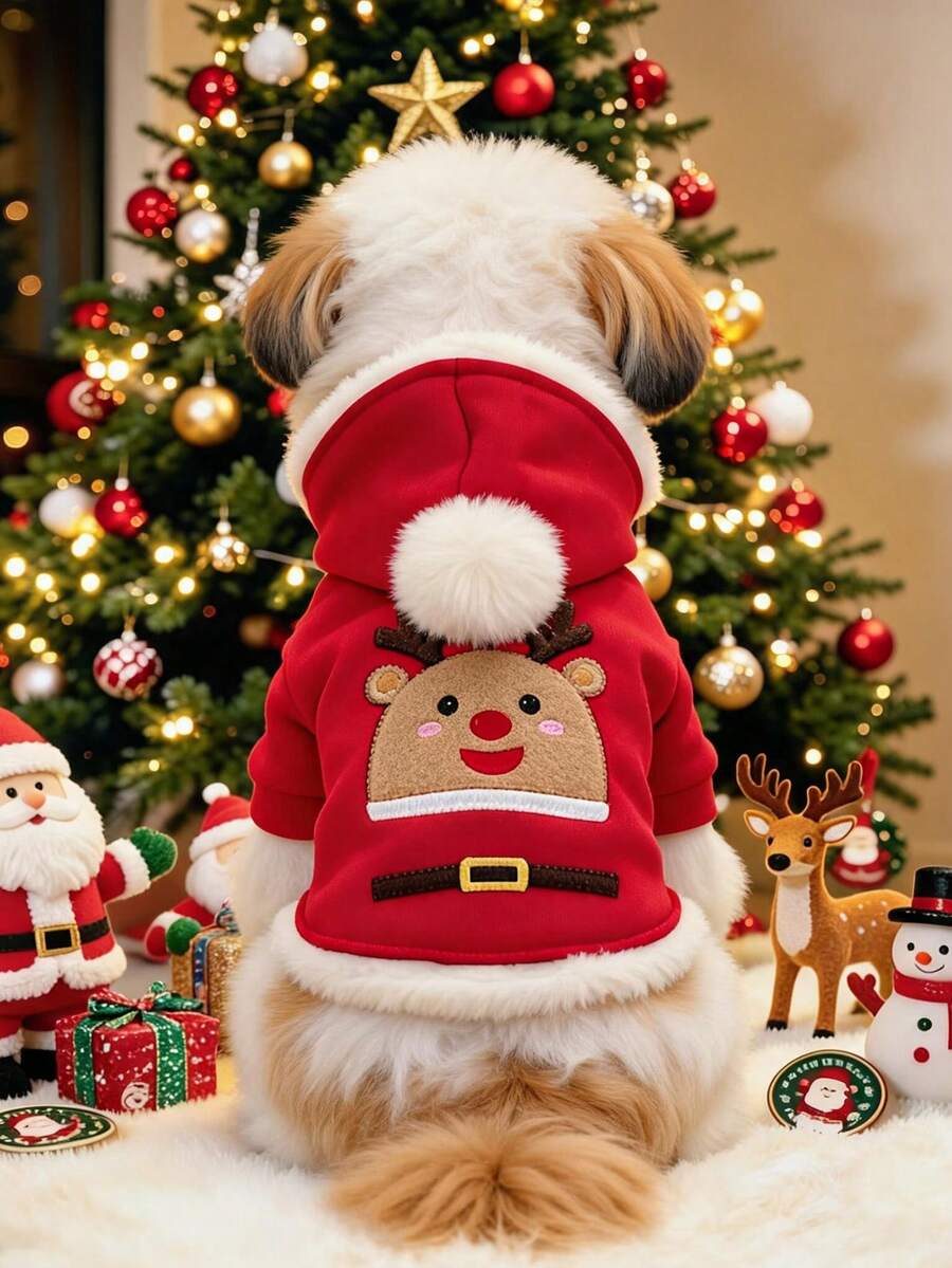 1pc Pet Clothes Dog Cat Apparel Christmas Style Christmas Bean Sweatshirt - Red - View 1