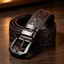 1pc Men's Luxury Belt, Vintage Style Belt, Black Alloy Buckle With Embossed PU Leather Strap, Suitable As Gift For Family, Birthday Gift - Brown - View 5
