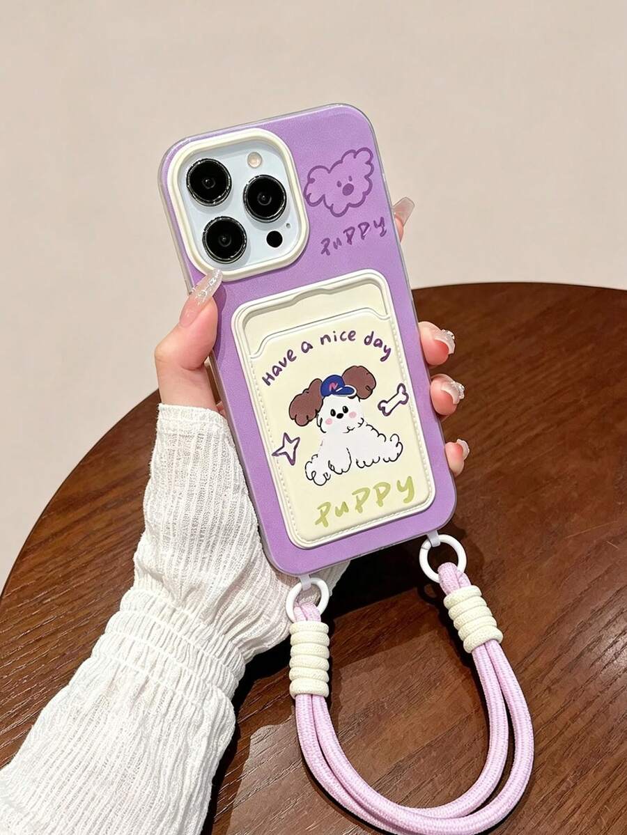 Cartoon Purple Puppy Phone Case Compatible With Apple 17 Pro Max, 16/15 Large Hole Card Holder, 14 Shockproof, 13, For Girls - Purple - View 1