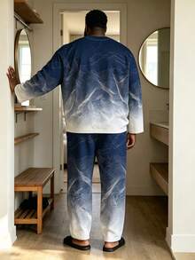 Autumn Men's Loungewear Set, Plus Size Men's 2 Pieces Set, Gradient Mountain Long Sleeve Graphic T-Shirt Paired With Men's Wide Leg Pants, Drawstring + Pocket Design, Suitable For Tall Men And Plus Size Men, Can Be Worn At Home Or Out - Multicolor - View 5