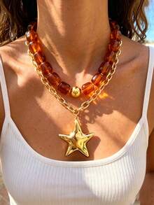 2/1pc Vintage Elegant Fashion Hip Hop Bohemian Vacation Style Maillard Color Palette Brown & Coffee Patchwork Gold Yellow Round Ball Resin Acrylic Irregular Oval Square Beaded Layered Exaggerated Hollow Chain Large Five-Point Star Pendant Necklace Set, Personalized Exaggerated Y2K Layered Y-Chain Sweater Chain, Suitable For Women Summer Beach Vacation Party Music Festival Date Gift Daily Wear Versatile - Brown - View 1