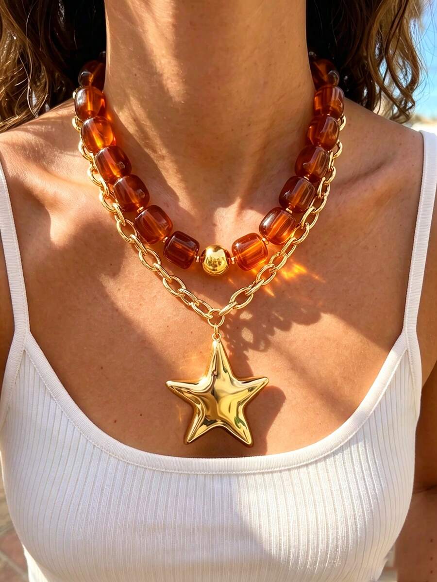 2/1pc Vintage Elegant Fashion Hip Hop Bohemian Vacation Style Maillard Color Palette Brown & Coffee Patchwork Gold Yellow Round Ball Resin Acrylic Irregular Oval Square Beaded Layered Exaggerated Hollow Chain Large Five-Point Star Pendant Necklace Set, Personalized Exaggerated Y2K Layered Y-Chain Sweater Chain, Suitable For Women Summer Beach Vacation Party Music Festival Date Gift Daily Wear Versatile - Brown - View 1
