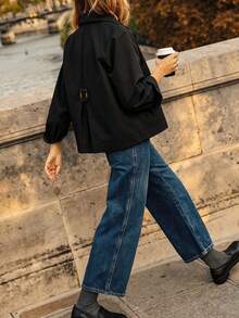 Short Lapel Utility Jacket, Button Back, Loose Fit Autumn/Winter Outerwear, Suitable For Casual Outdoor Wear - Black - View 5