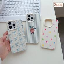 3件裝波點愛心條紋元素 TPU 防震全包覆精準保護殼，適用於 Apple 11/12/13/14/15/16/17 Pro Max - 彩色 - 查看 2