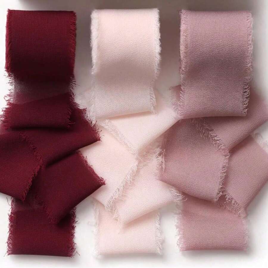 3 Rolls 3 Colors Premium Handmade Chiffon Edge Ribbon, Suitable For Wedding Invitations, Mother's Day, Bridal Bouquets, Gift Wrapping, DIY Crafts, Christmas, Halloween, Christmas Decorations. - Wine Red, Light Pink, Skin Pink - View 1