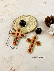 Red Cross Drop Earrings, Vintage Gothic Statement Jewelry, Black Round Studs, Gold Tone Ornate Details - Cross Earrings - View 3