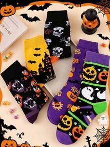 1/3/5/10 Pairs Random Halloween Party Theme Skull Pumpkin Pattern Mid-Calf Socks For Men And Women - Multicolor - View 6