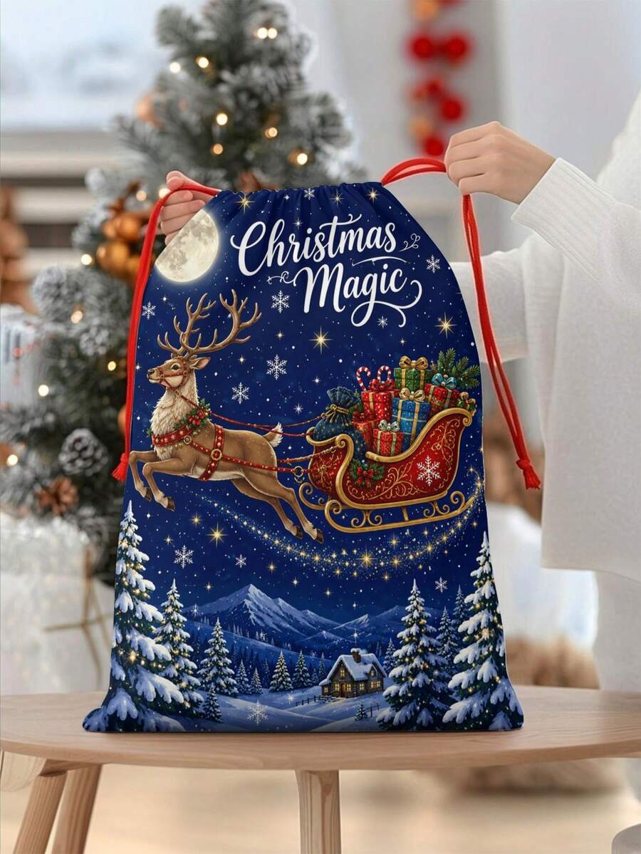 2pcs Dark Blue Christmas Magic Reindeer & Sleigh Print Gift Wrapping Bags, Holiday Style Fabric Large Rectangular With Drawstring Closure Decorative Present Bags For Christmas Gifts, Party Favors & Holiday Decor - Blue - View 1