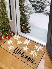 1pc, Winter Christmas White Snowflake Welcome Pattern Door Mat, Seasonal Style Machine Washable Polyester Fiber Mat, Suitable For Indoor, Party, Daily Decoration, All Seasons - Yellow - View 2