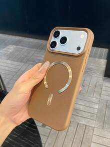 Textured Plain Phone Cover With Golden Metal Ornament, Shock‑Resistant Protective Cover, Ideal Present For Friends Mom Bestie, For Apple12 Pro Max,13 Pro Max,14 Pro Max,15,16 Pro Max,17 Pro Max,18Pro Max - Brown - View 4