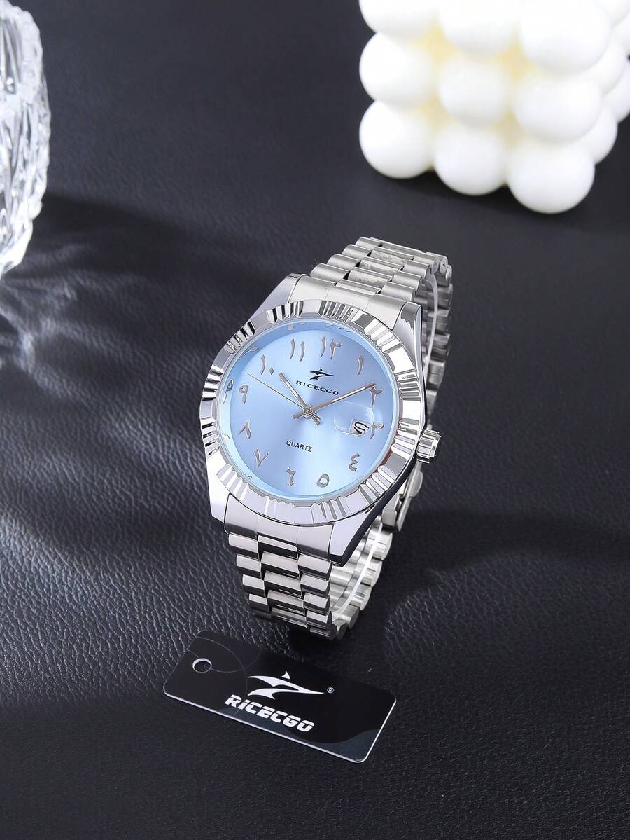 RICECGO Men's Stainless Steel Band Quartz Watch, Minimalist Business Style, Perfect Gift For Any Occasion - Silver - View 1