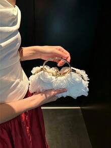 Dedoo 女款晚宴手拿包，全覆蓋3D玫瑰花紋，金色金屬O型環頂部提把，仙女浪漫風，適合新娘婚禮舞會使用 - 白色 - 查看 5