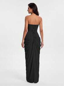 Asymmetric Ruched Strapless Sexy High Slit French Romantic Wedding Party Dress - Black - View 3