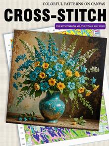 11/14CT Printed Cross Stitch Set. Blue Bouquet Patterns Cross Embroidery Patterns. Adult Beginners Relax And DIY. Including Fabric, Needles, Threads, And Illustrations. No Frame. Handmade Wall Decoration Gifts. 40x40cm/15.7x15.7in - 40x40cm/15.7x15.7in - View 2
