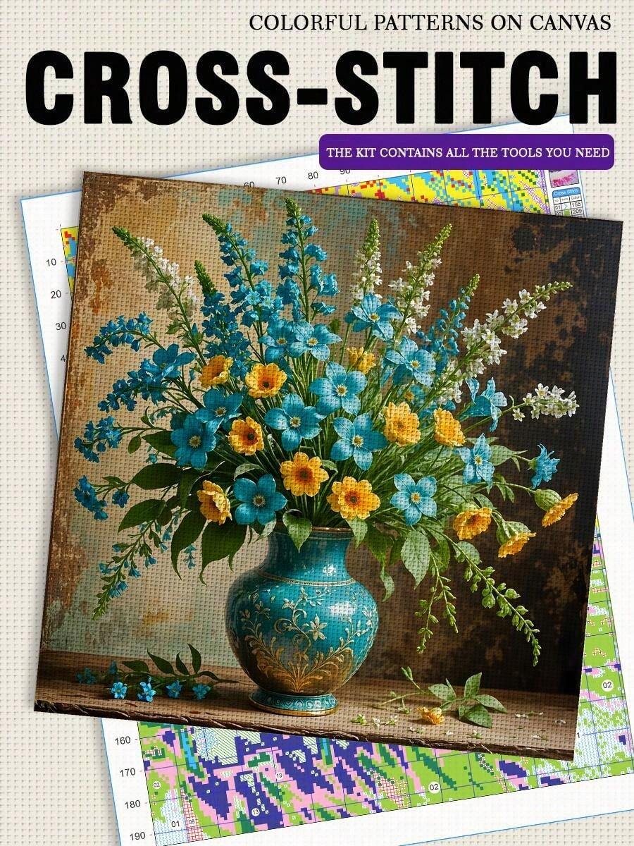11/14CT Printed Cross Stitch Set. Blue Bouquet Patterns Cross Embroidery Patterns. Adult Beginners Relax And DIY. Including Fabric, Needles, Threads, And Illustrations. No Frame. Handmade Wall Decoration Gifts. 40x40cm/15.7x15.7in