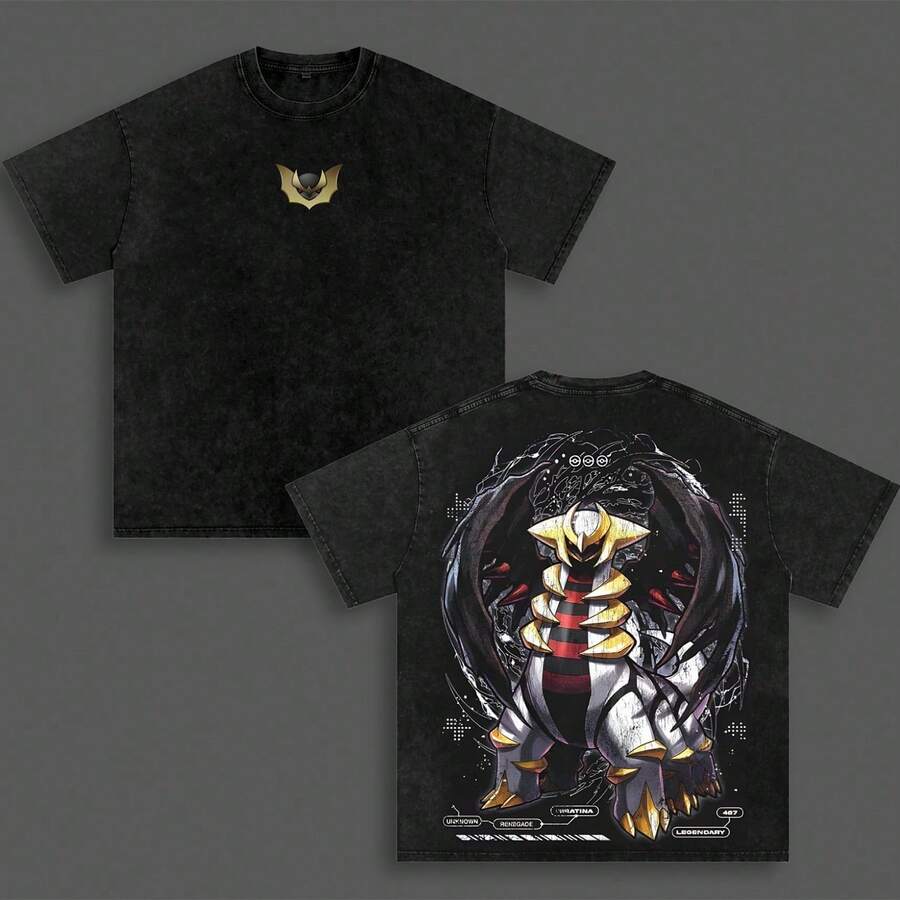 Camiseta Gráfica Retro Unisex Casual con Estampado de Doble Cara de Personaje de Anime P-Okemon Giratina Legendary Renegade Dark Style, Estilo Vintage Lavado - Negro - Ver 1