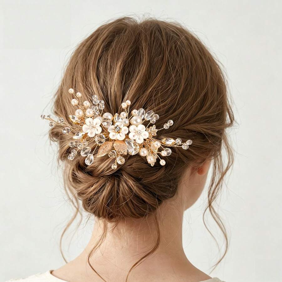 Bridal Wedding Hair Accessory White Soft Ceramic Flower Handmade Crystal Beaded Hair Comb Side Comb Hair Ornament - Gold - View 1
