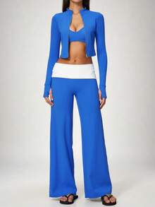 NcmRyu Women's 1 Set Contrast Color Autumn/Winter Zipper Small Stand Collar Thumb Hole Long Sleeve Jacket & Folded Waist Wide Leg Long Pants - Blue - View 10