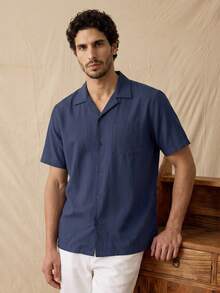 glestore Men's Retro "Old Money" Style Solid-Color Short-Sleeve Summer Shirt For Everyday Commuting And Casual Wear - Navy Blue - View 1