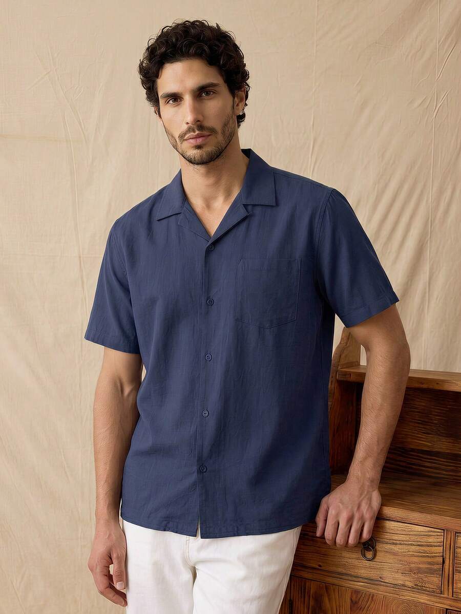 glestore Men's Retro "Old Money" Style Solid-Color Short-Sleeve Summer Shirt For Everyday Commuting And Casual Wear - Navy Blue - View 1