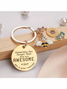 Sunflower Keychain Women's Inspirational Gift - Inspirational Key Ring Friendship Keychain Gift, Yellow Sunflower Bee Keychain - Gold - View 2