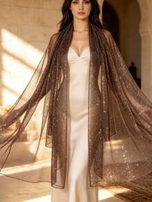 1pc Women's Bandana Lightweight Solid Color Sequin Scarf Headwrap Middle Eastern Style Decorative Shawl Sun Protection Beach Wrap Suitable For Daily Use - Coffee Brown - View 1