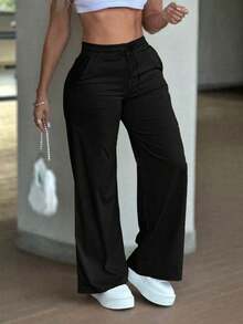 Women's Summer/Autumn Basic Solid Color Drawstring Linen-Style Wide Leg Pants, Loose Casual Long Pants, Suitable For Back To School, Beach Vacation And Daily Wear - Black - View 3