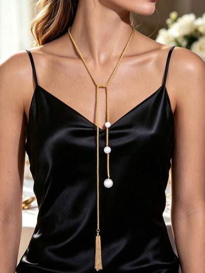 1pc Elegant Gold Tassel Pendant Necklace Long Chain Design With White Beads For Evening Parties Date Nights Chic Fashion Looks