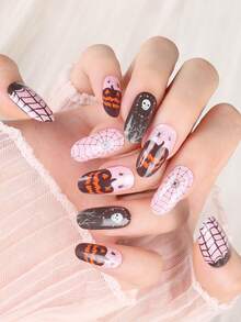 16pcs Autumn Fall Gothic Pink Black Pumpkin Leaf Spider Web Nail Wraps, Cute Spooky Self-Adhesive Nail Polish Strips For DIY Manicure - Multicolor - View 2