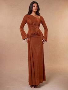 Elegant Brown Knit Asymmetric Collar Long Sleeve Maxi Dress With Knot Detail, Suitable For Party And Vintage Style - Rust Brown - View 5