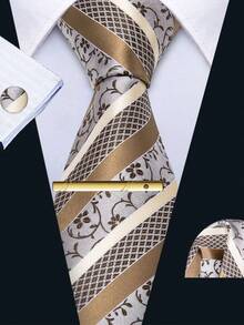 Silver Gray Brown Gold Diagonal Striped Floral Men's Tie 4pcs Set Business Formal Handkerchief Cufflinks Golden Tie Clip Wedding Matching - Camel - View 1