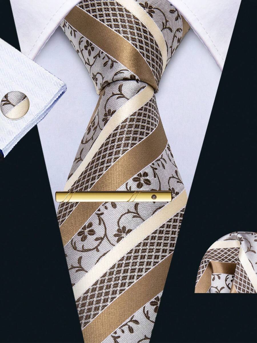 Silver Gray Brown Gold Diagonal Striped Floral Men's Tie 4pcs Set Business Formal Handkerchief Cufflinks Golden Tie Clip Wedding Matching - Camel - View 1