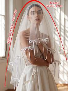 1pc Satin Ribbon Bow Decor Soft Tulle Bridal Veil, For Wedding, Bachelorette Party, Travel Photography Wedding Dress Accessory - White - View 9