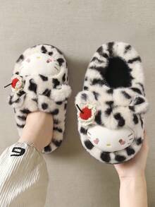 Sandal Rumah Wanita Hello Kitty Motif Kartun Kucing, Sandal Lembut Motif Leopard Acak, Sandal Selop Nyaman dan Datar untuk Kamar Tidur - Putih dan hitam - View 6