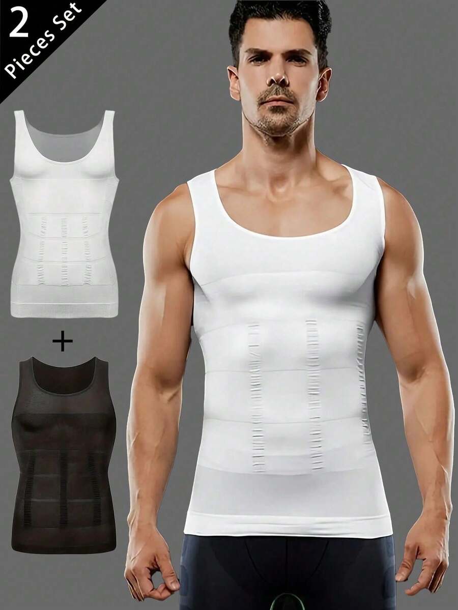 2 piezas/Paquete Camiseta de compresión moldeadora, moldeador corporal sin mangas de ajuste ceñido, moldeado abdominal, chaleco de compresión para ginecomastia masculina, camiseta interior de ajuste abdominal, cambio rápido - Conjunto de dos piezas - Ver 1