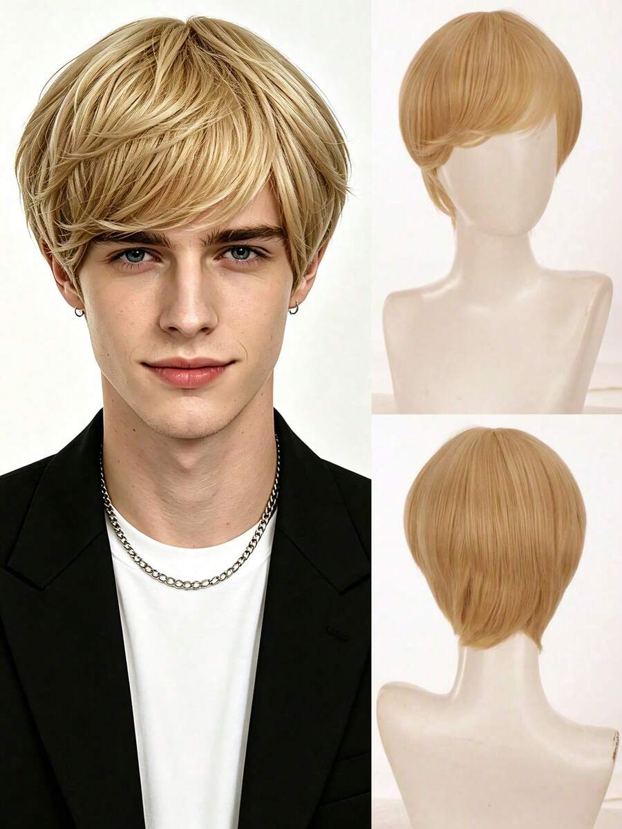 Men's Short Blonde Synthetic Wig, Natural Side Bangs, Realistic Men's Wig, Heat-Resistant Fiber, Daily, Cosplay, Halloween Party Costume Wig - Gold - View 1