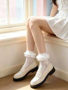 1 Pair Solid Color Autumn Cute Fabric Ruffle/Lettuce Edge Short Socks, All/Global/Universal, Minimalist Cute, Suitable For Lolita Floral Dress, Versatile For Daily Wear And Home - Multicolor - View 3