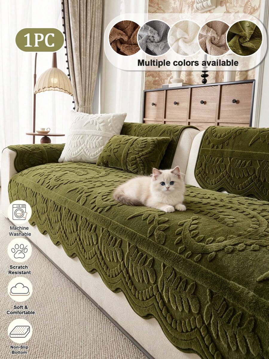 1PC Thick Faux Rabbit Fur Sofa Cover, Cozy All‑Season 3D Leaf Floral Embossed Plush Couch Protector, Non‑Slip Machine Washable Pet Friendly Sofa Cushion Mat For Living Room Home Decor - Green - View 1